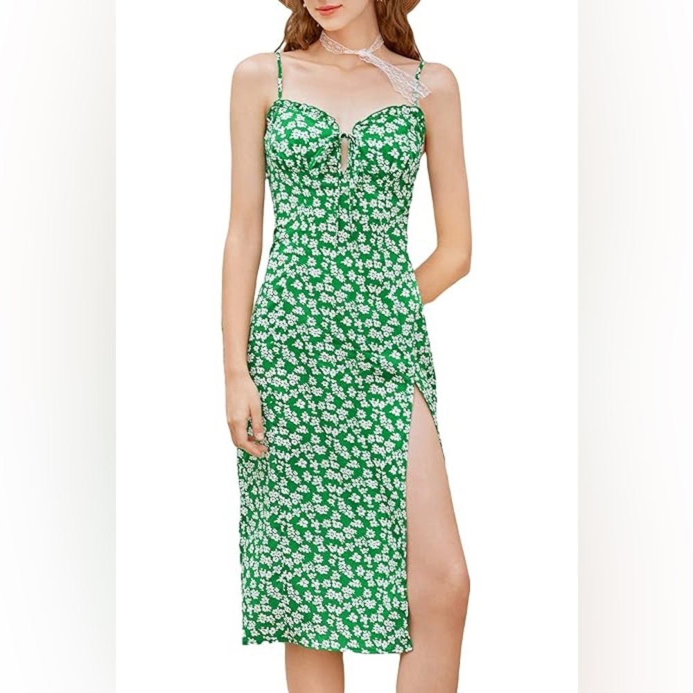 Green Floral Cami Midi Dress, M